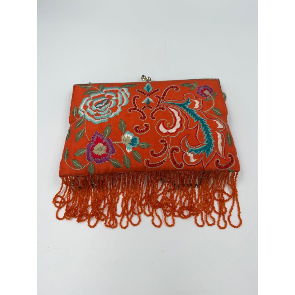 Moyna Orange Embroidered Silk Floral Clutch Beaded Fringe Evening Bag w/ Chain - Picture 4 of 8